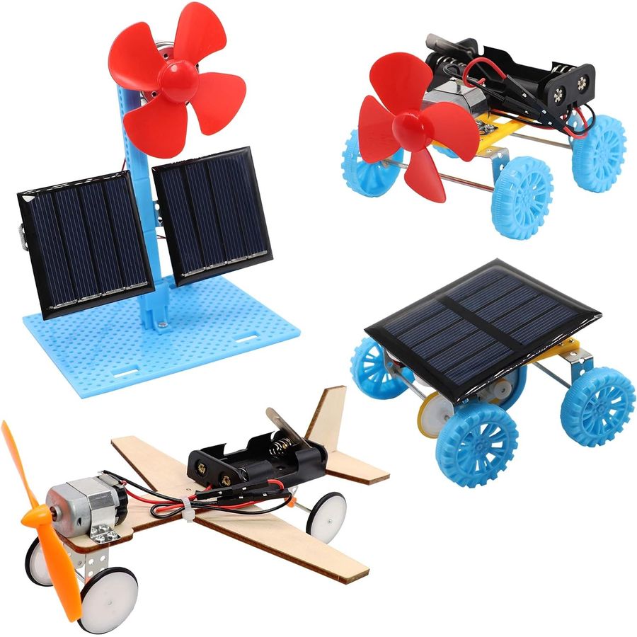 eight solar motor kits laid out together view 3