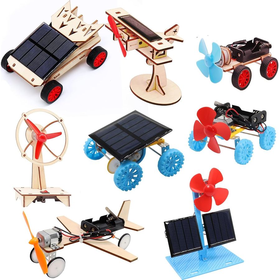 eight solar motor kits laid out together
