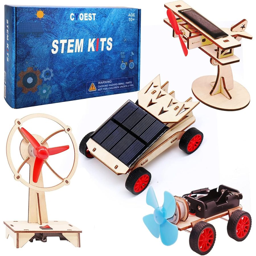 wooden solar motor kit set with biplane and binoculars view 2