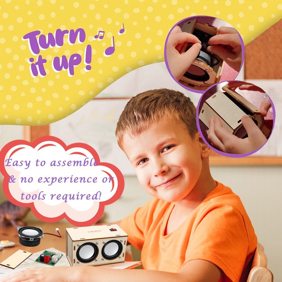 Boy smiling beside a finished CYOEST wooden Bluetooth speaker