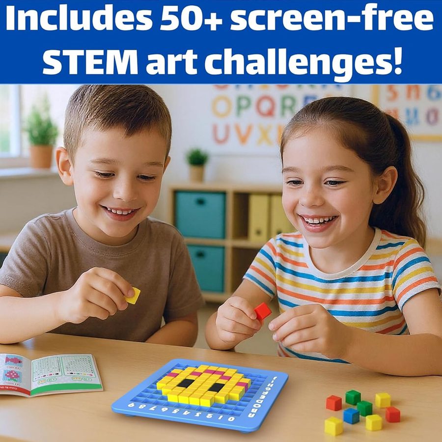Two children building pictures on the CYOEST pixel art board